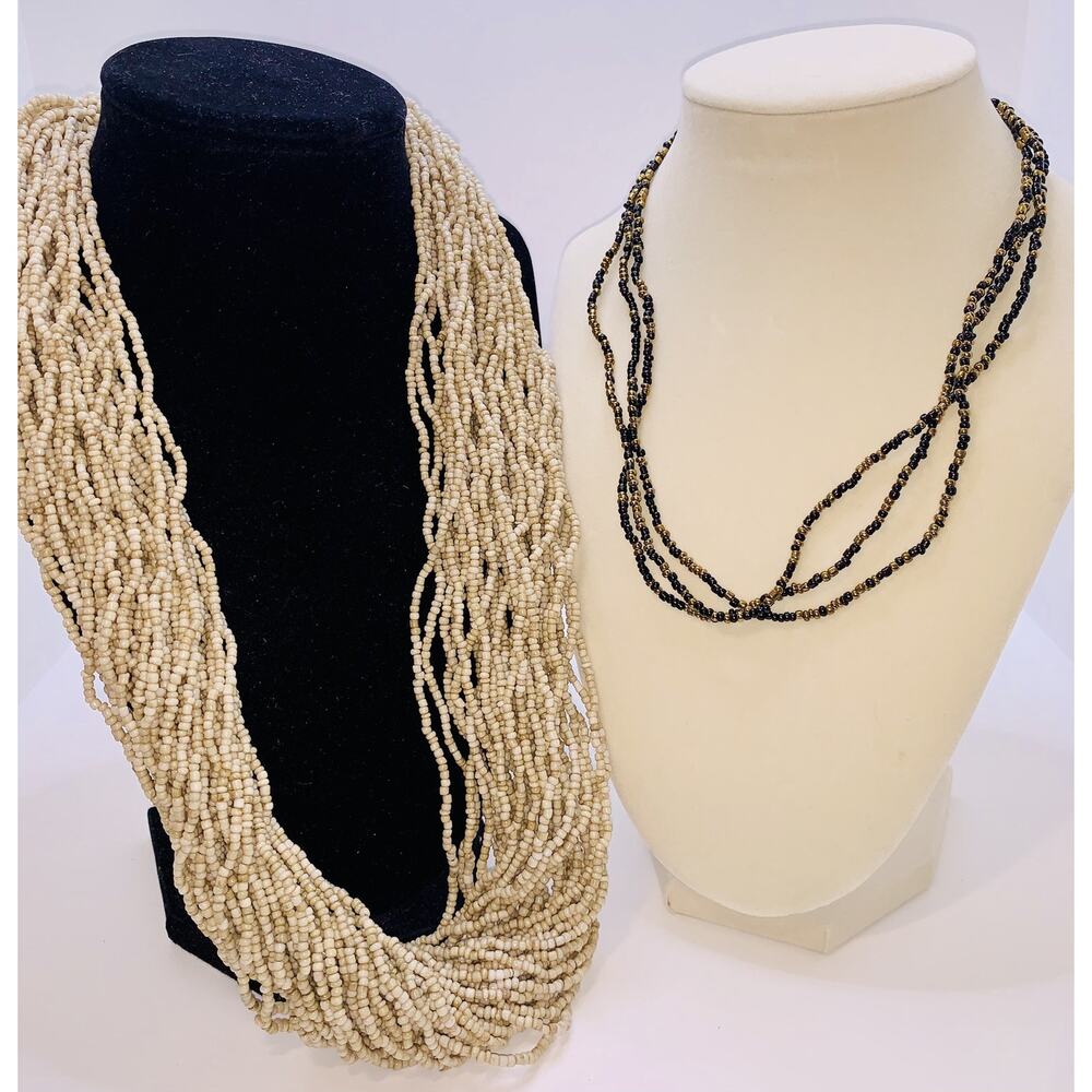 Two Seed Beads Multi-strand Necklaces Beige & Black/Bronze 18-24" Bali Handmade